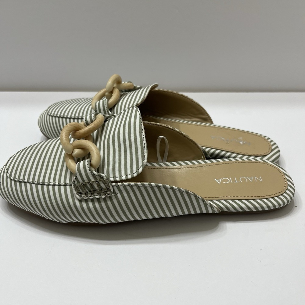 Nautica Lorelay Slip-On Mule Loafer Olive Green White Stripe Wood Chain Accent 8